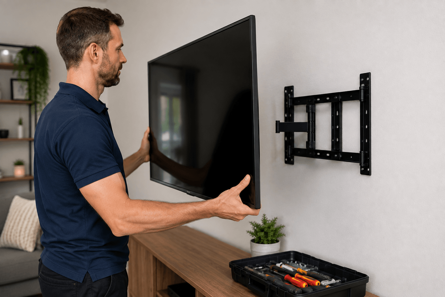 Handwerker in Berlin hilft beim auszugsservice beim abmontieren des TVs